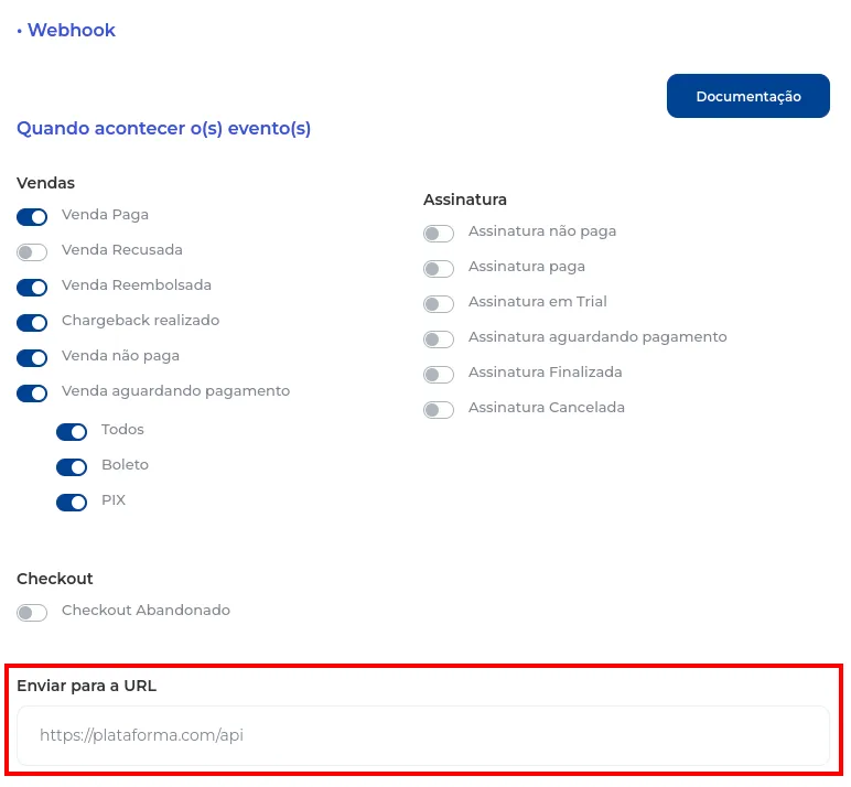 Campo para colar o webhook da SellFlux