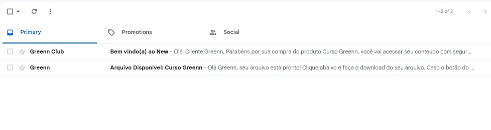 E-mail da Greenn com a confirmação da compra e o arquivo
