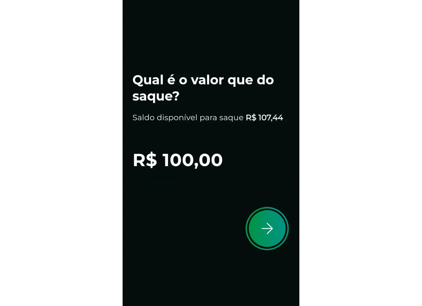 Tela para informar o valor do saque