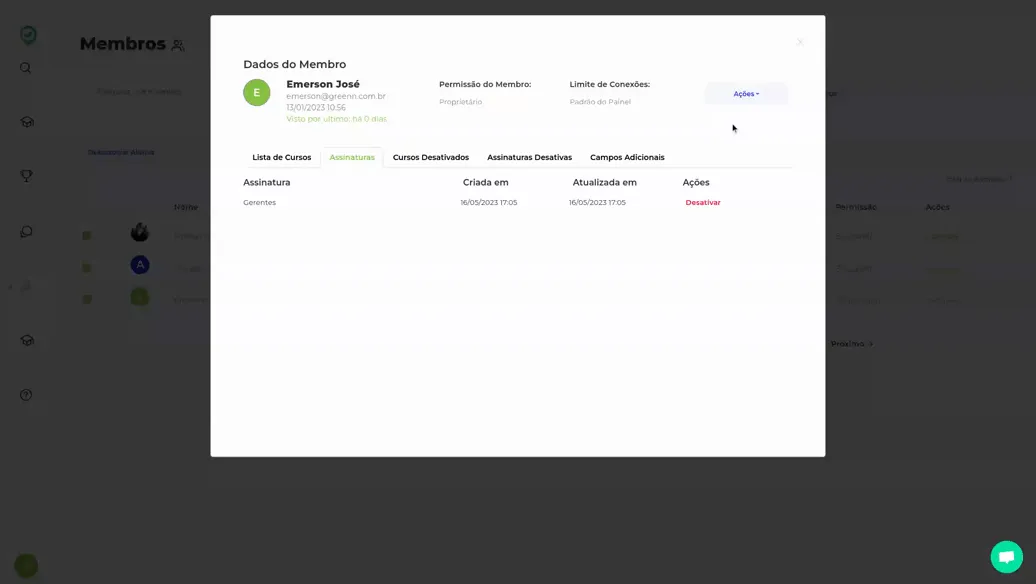 Gravação abrindo Ações e Adicionar Assinatura
