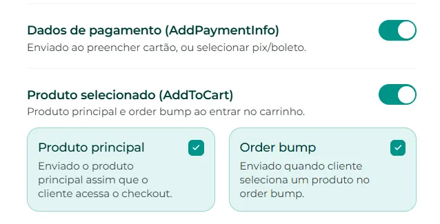 Opções de envio dos eventos AddPaymentInfo e AddToCart