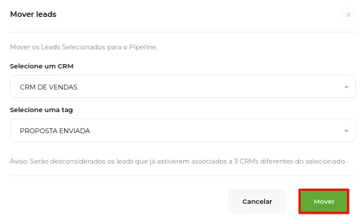 Tela do passo: Aqui você pode movimentar leads em massa de um board para outro, ou até mesmo leva-los para outro CRM, o