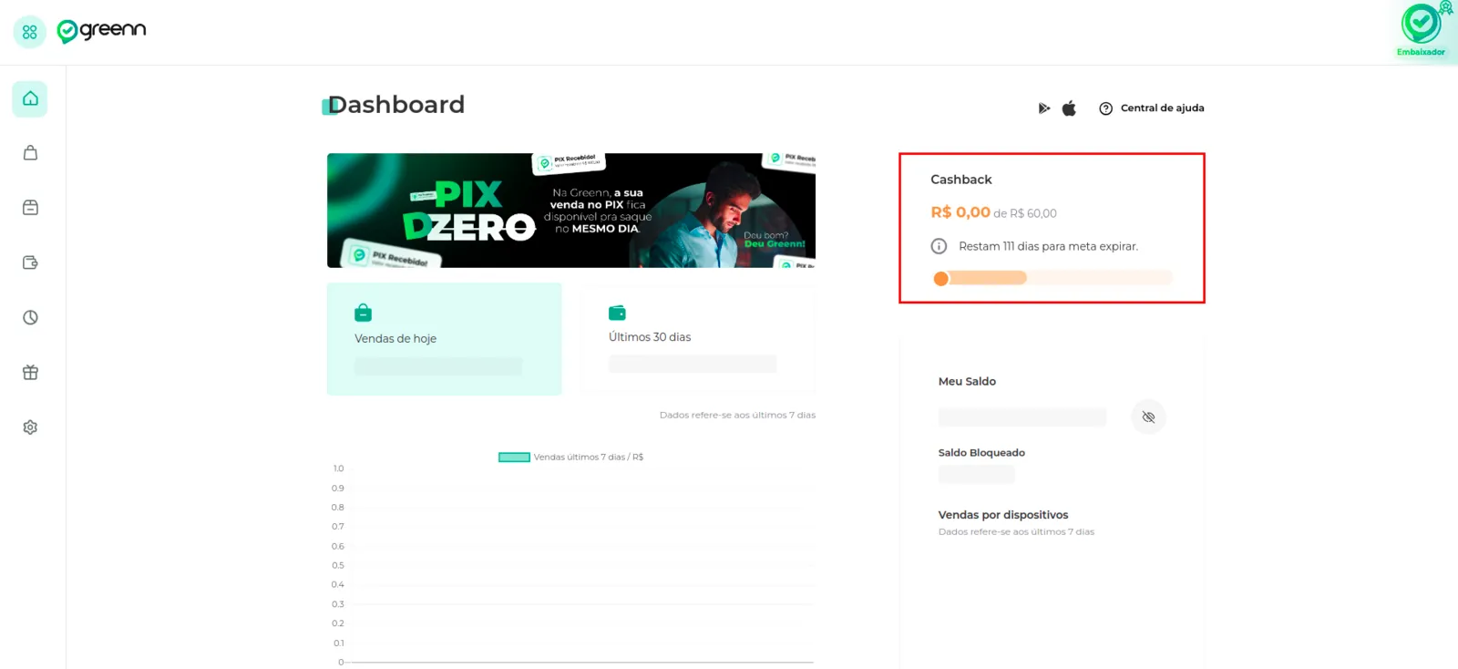 Dashboard com as metas do Cashback iniciadas