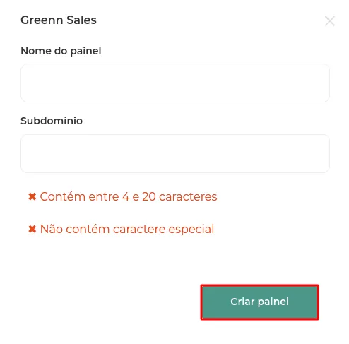 Tela de criação do painel com nome e subdomínio