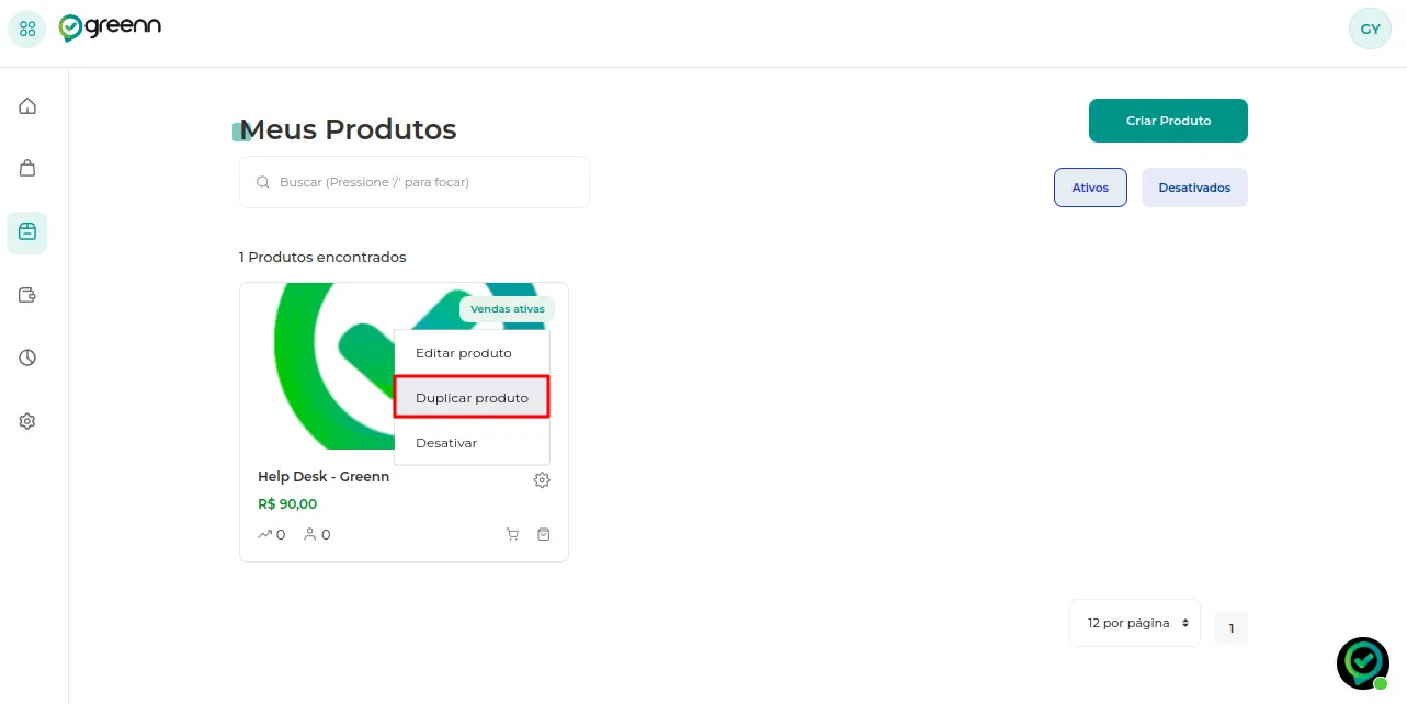 Menu da engrenagem com a opção Duplicar Produto