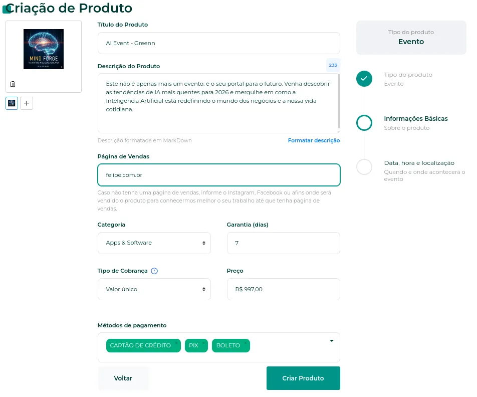 Botão Criar Produto