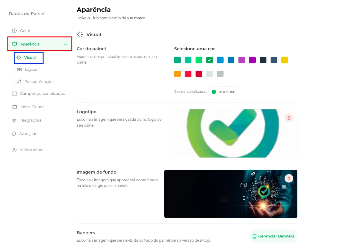 Aba Aparência nas configurações