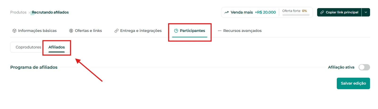 Opção Participantes, Afiliados na edição do produto