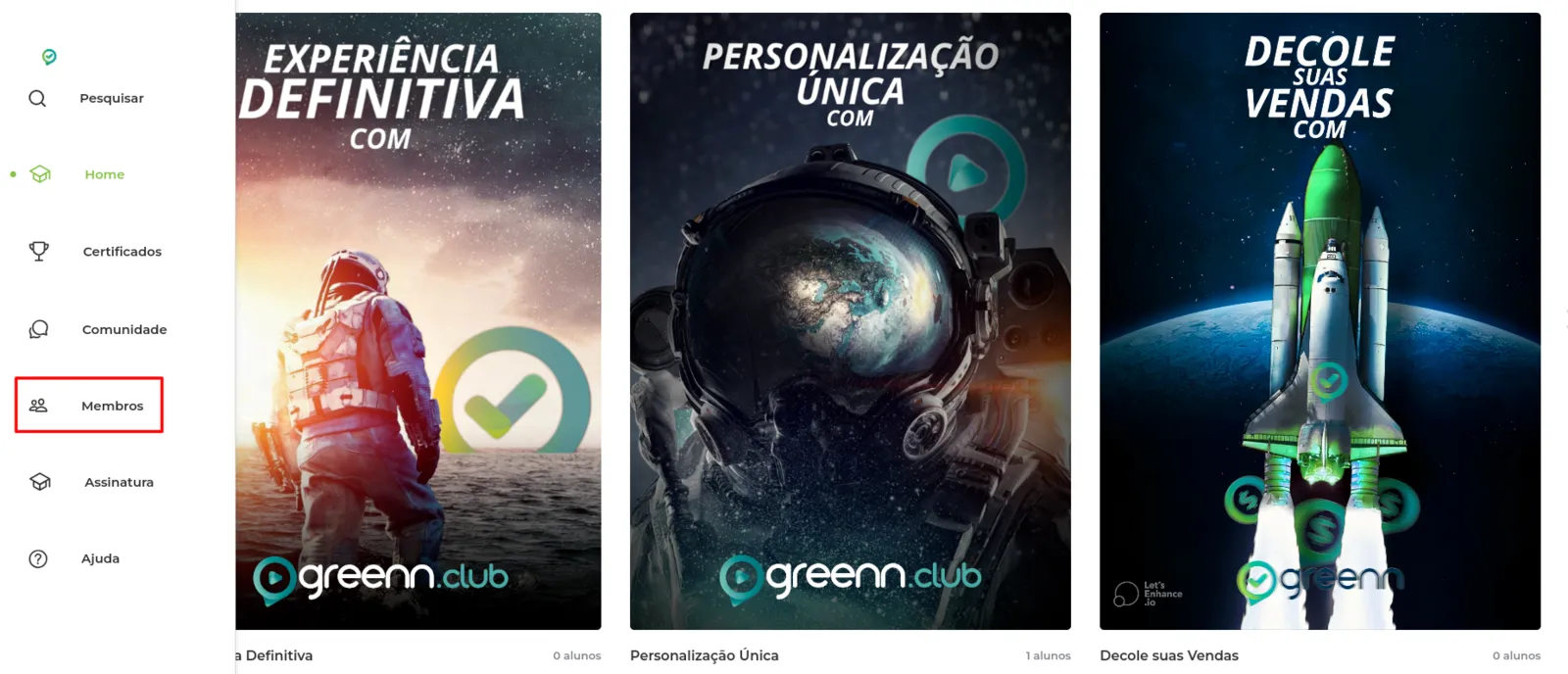 Menu Membros da área de membros