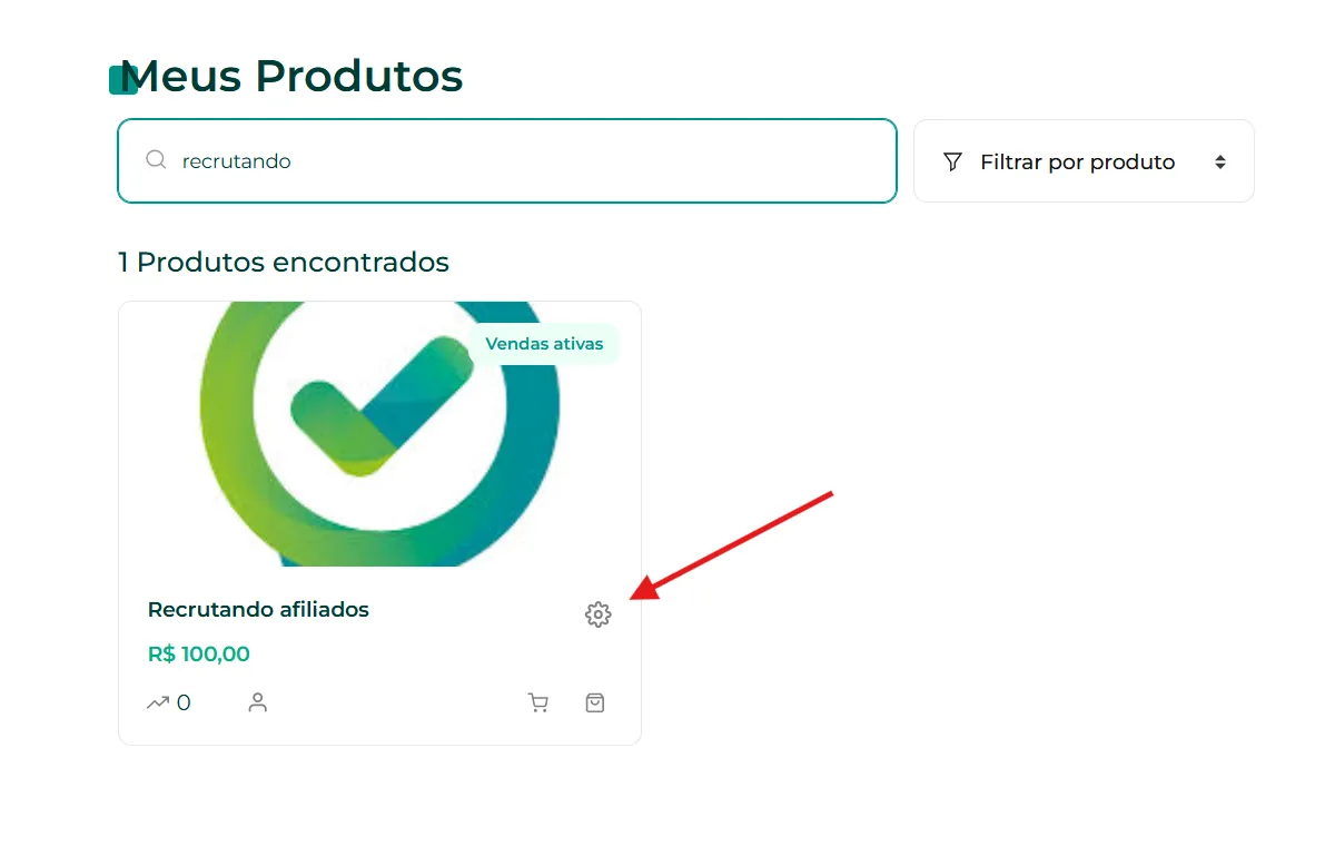 Lista de produtos com a engrenagem de edição