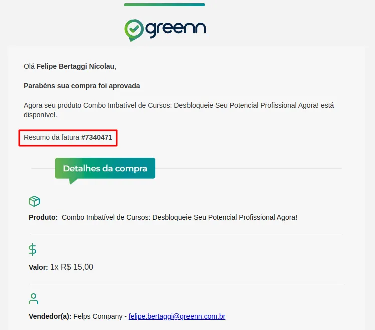 Exemplo do e-mail de confirmação com o número da fatura destacado