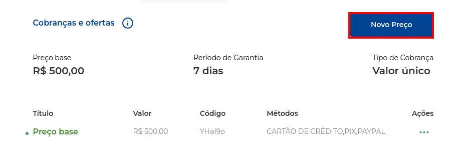 Botão para criar uma nova oferta