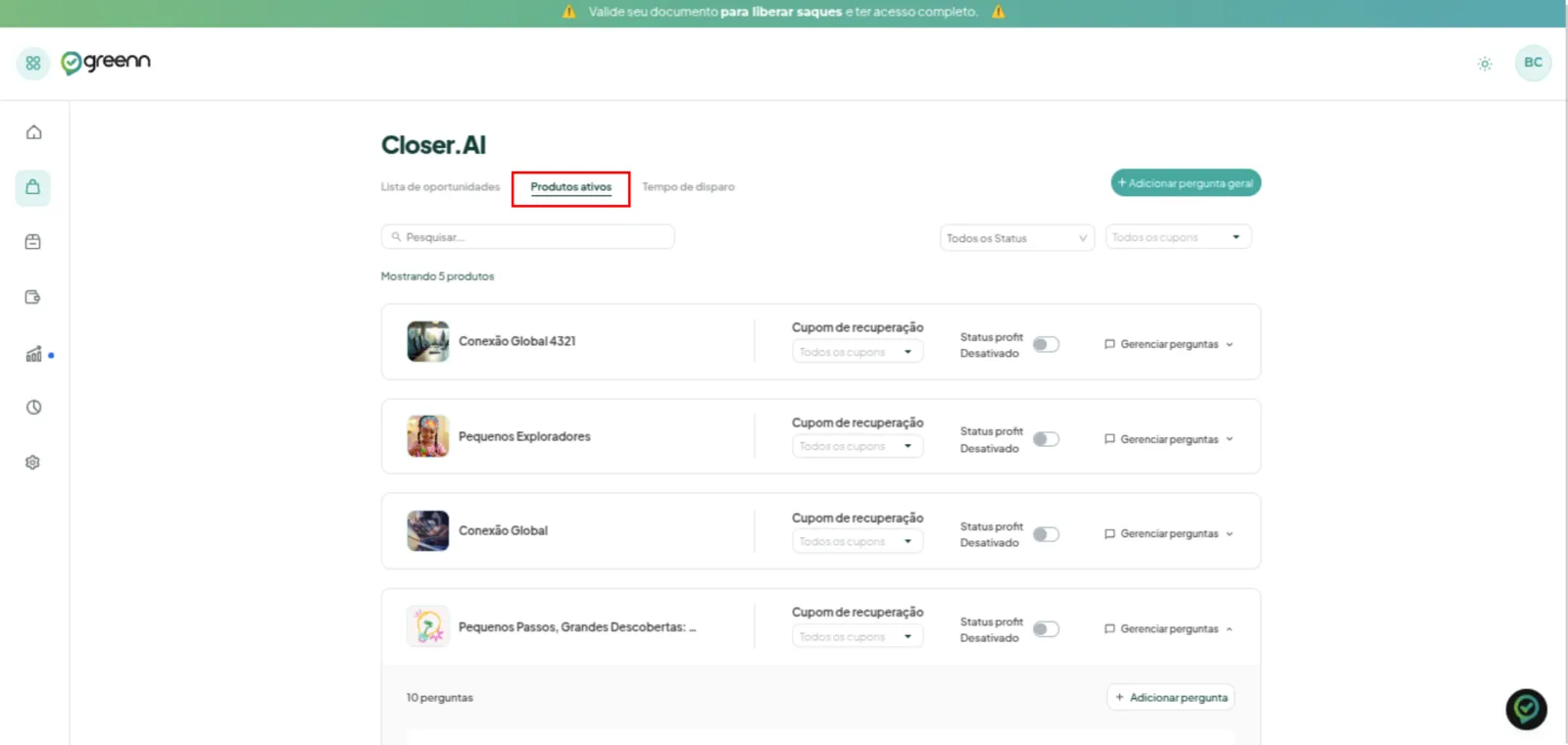 Aba de produtos ativos do Closer.AI