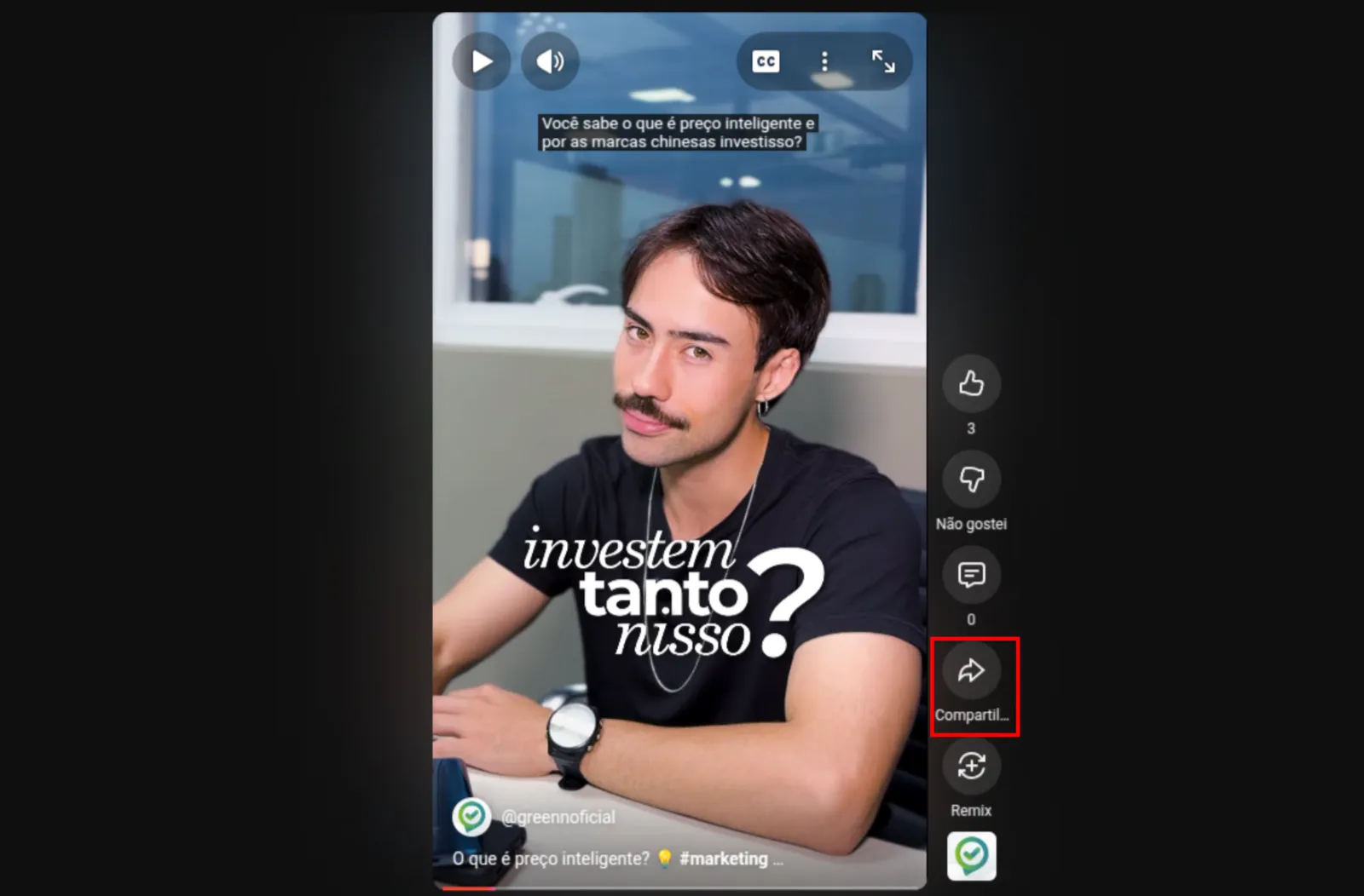 Botão compartilhar do YouTube Shorts