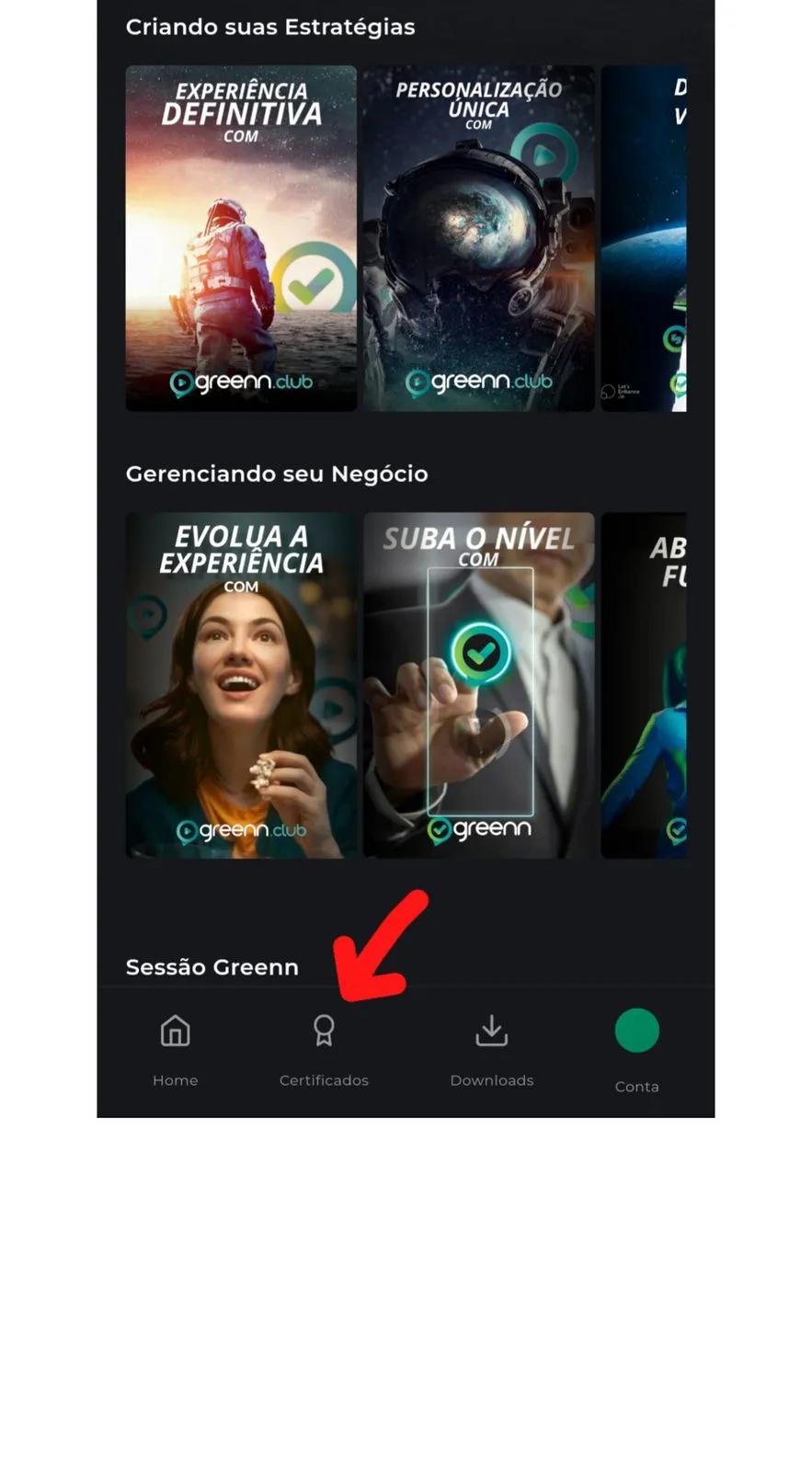 Aba Certificado no aplicativo Greenn Club