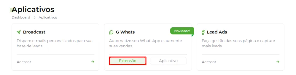 Tela da Greenn Sales: Agora clique em Greenn Message e após selecione a opção Extensão
