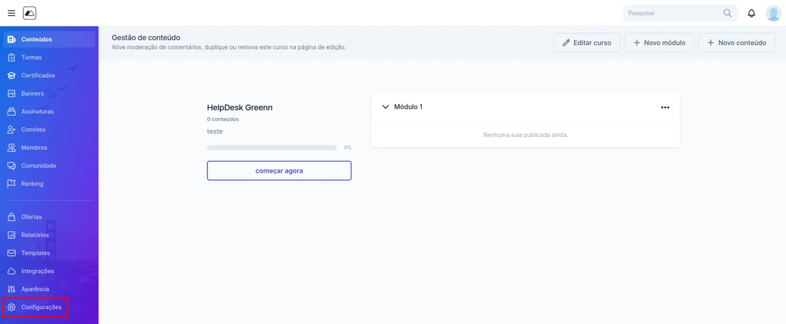 Menu Configurações da Memberkit