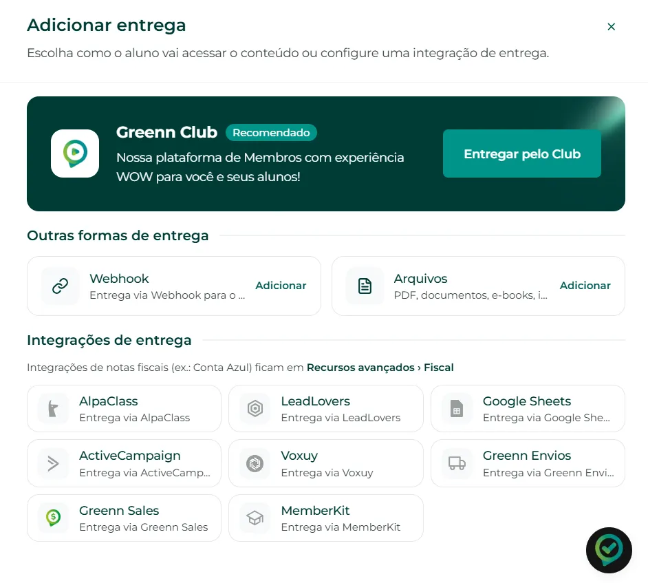 Opção de integração com o Greenn Club
