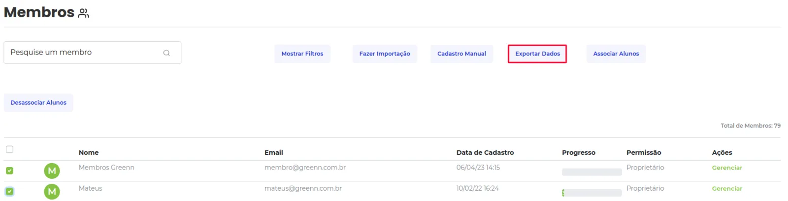 Botão exportar dados