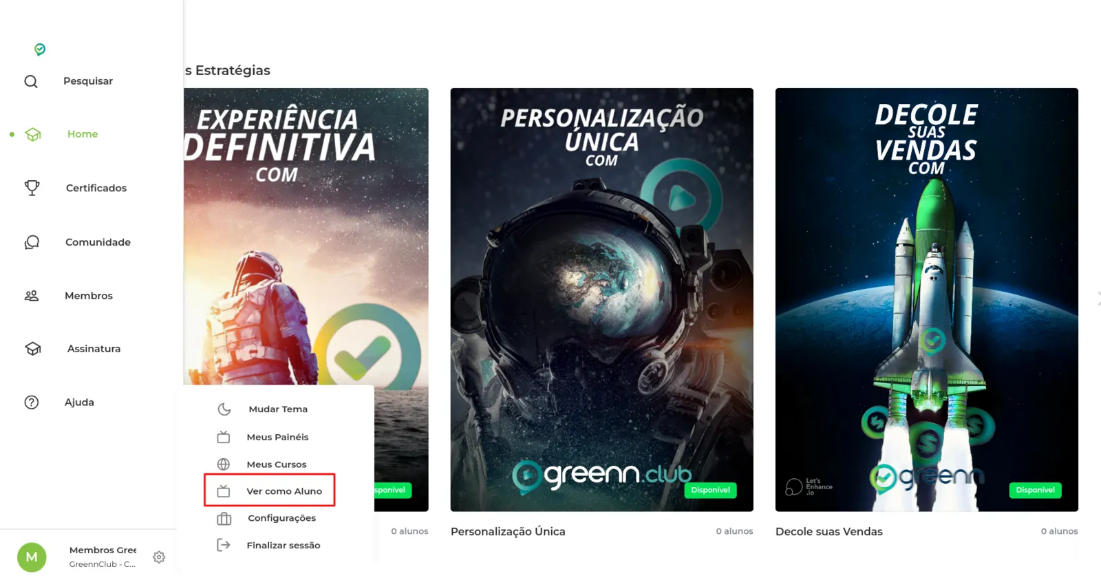 Menu com a opção Ver Como Aluno