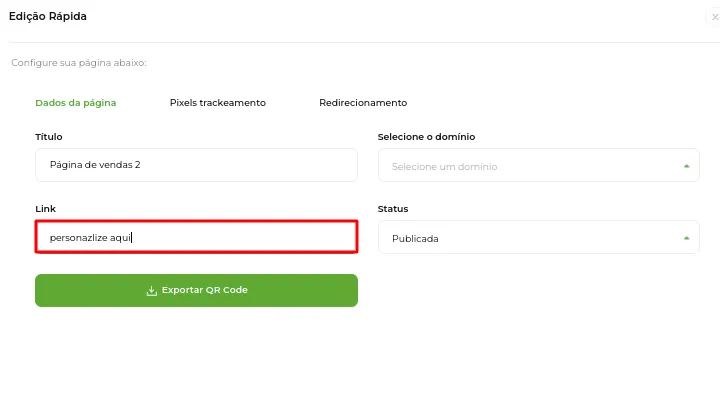 Campo para editar o link da página