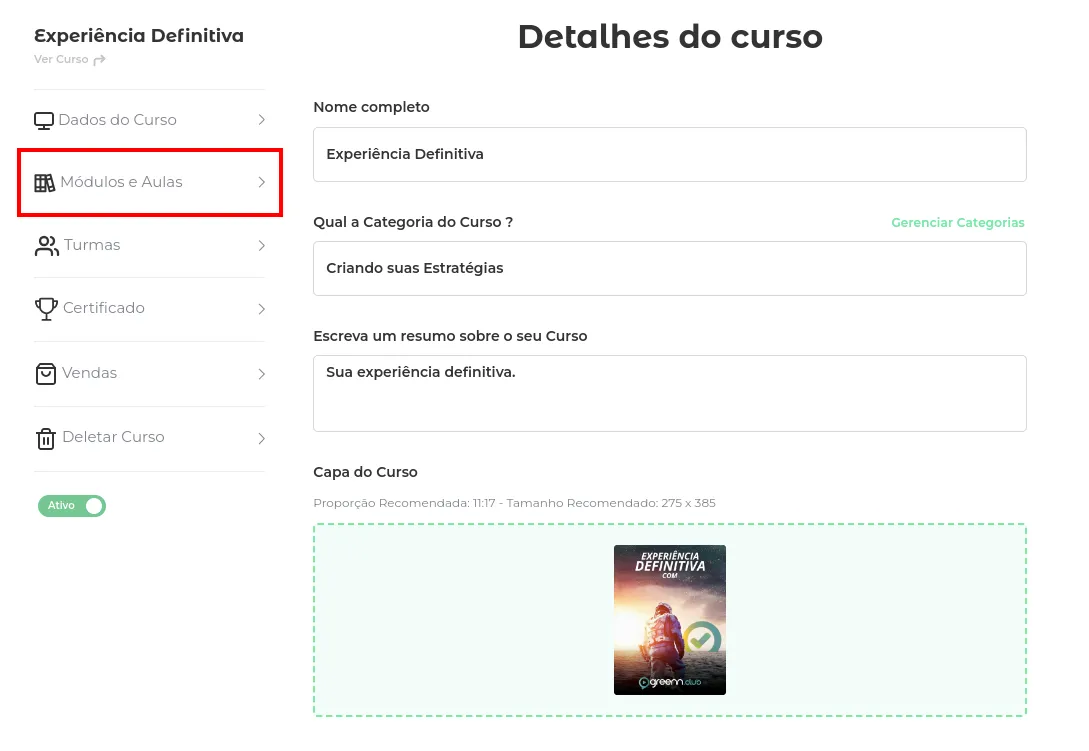 Menu do curso com Módulos e Aulas