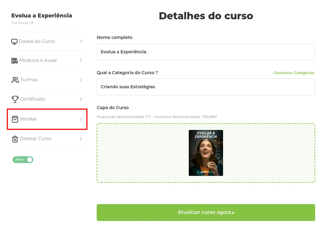 Aba vendas na edição do curso