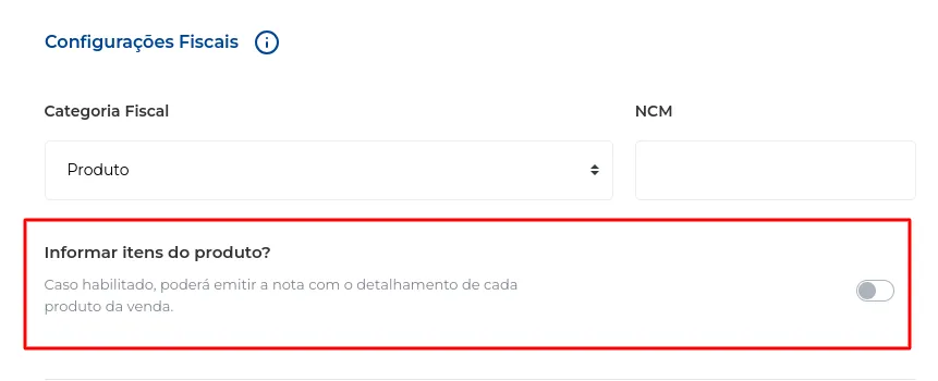 Opção Informar itens do produto