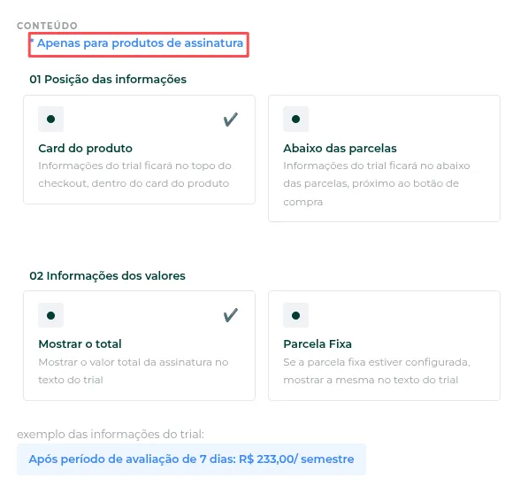 Checkout de assinatura mostrando o trial