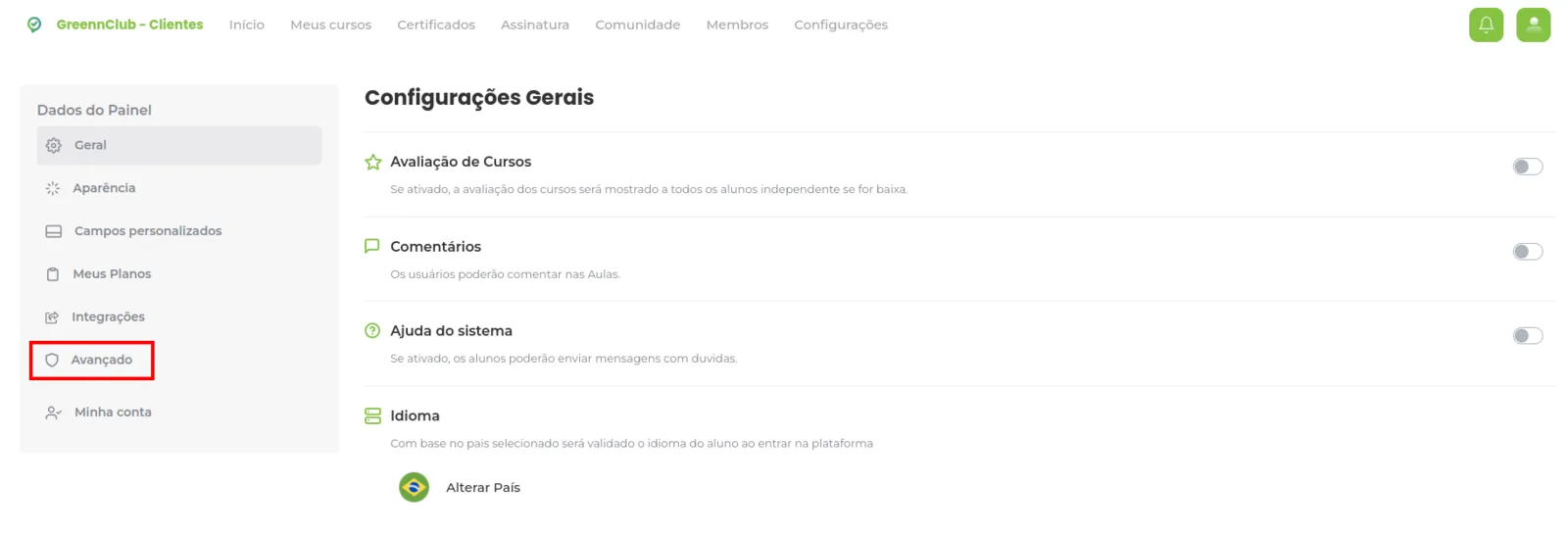 Aba Avançado