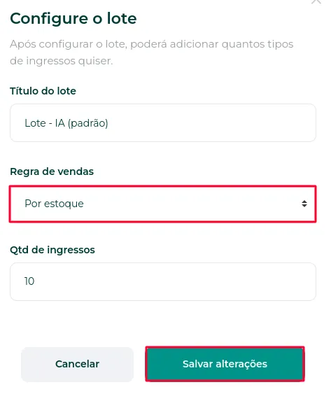 Estoque do lote preenchido e botão Salvar alterações
