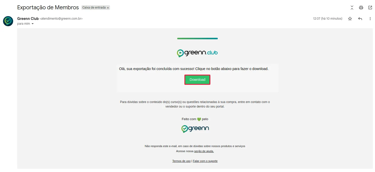 E-mail com o arquivo dos dados exportados