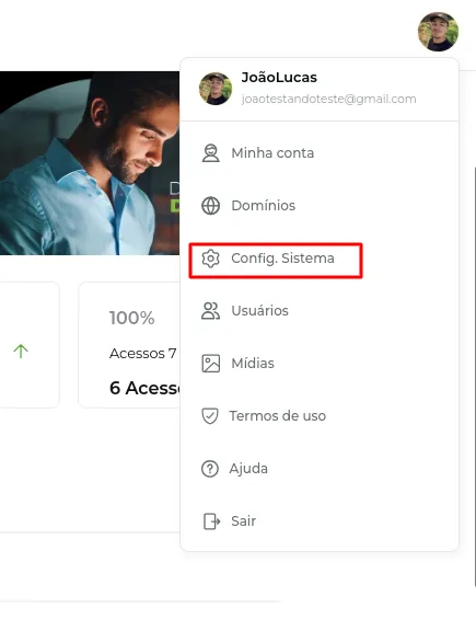 Tela da Greenn Sales: Em seu dashboard clique no menu direito