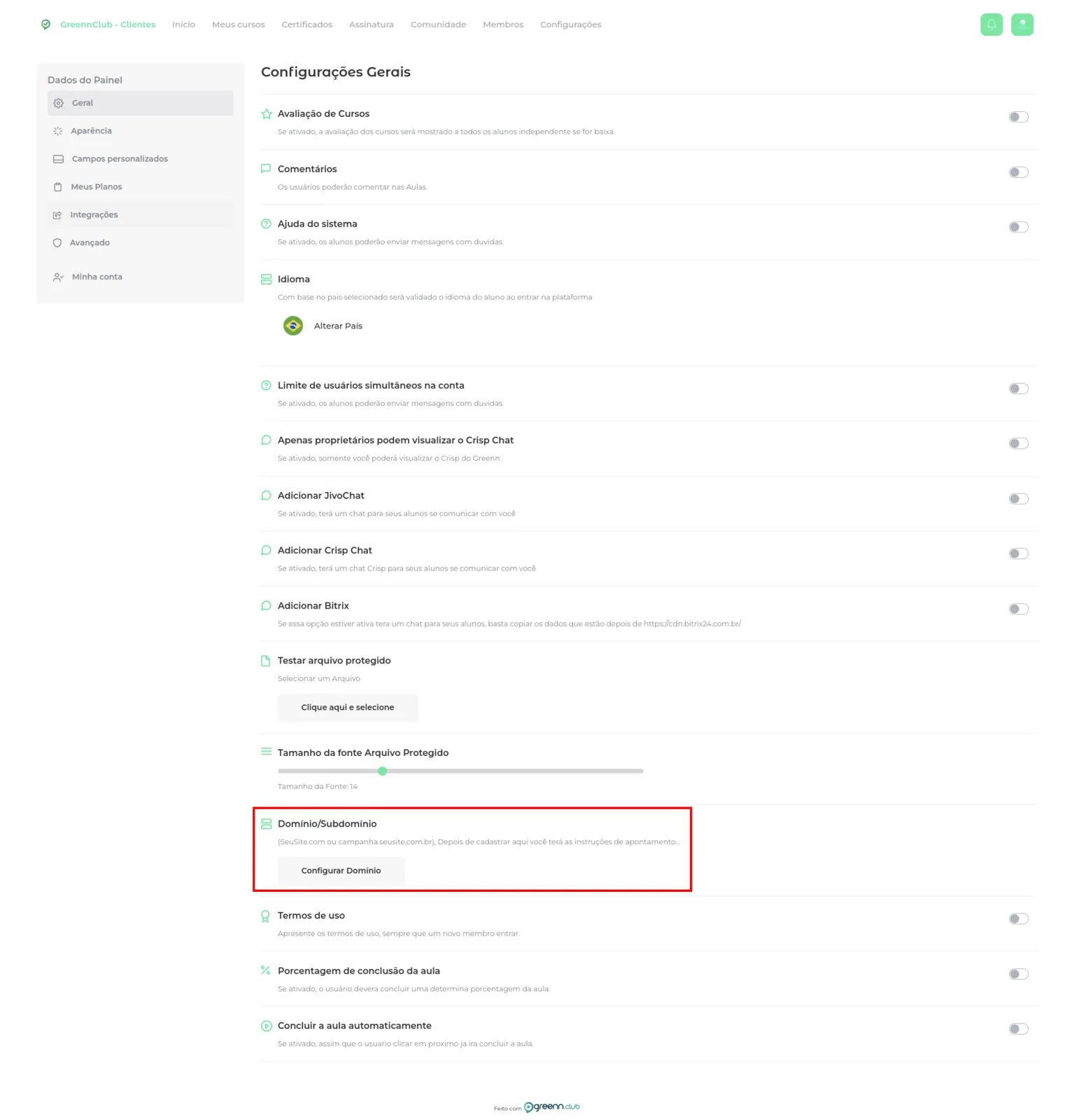 Opção Domínio/Subdomínio nas configurações