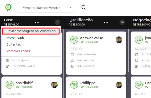 Tela da Greenn Sales: Agora clique em Enviar mensagens