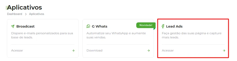 Tela da Greenn Sales: Entre em Lead Ads