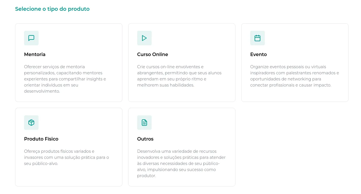 Tela de novo produto com os tipos Mentoria, Curso Online, Evento, Produto Físico e Outros