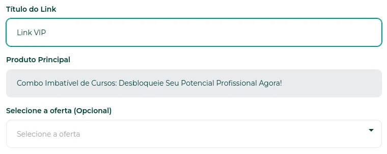 Campos de título e oferta do link