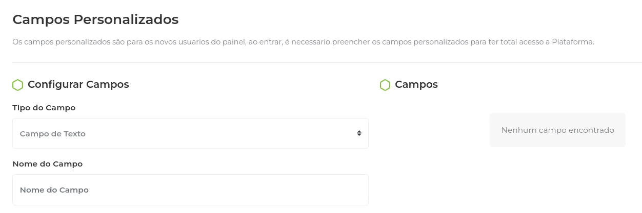 Tela de configuração dos campos