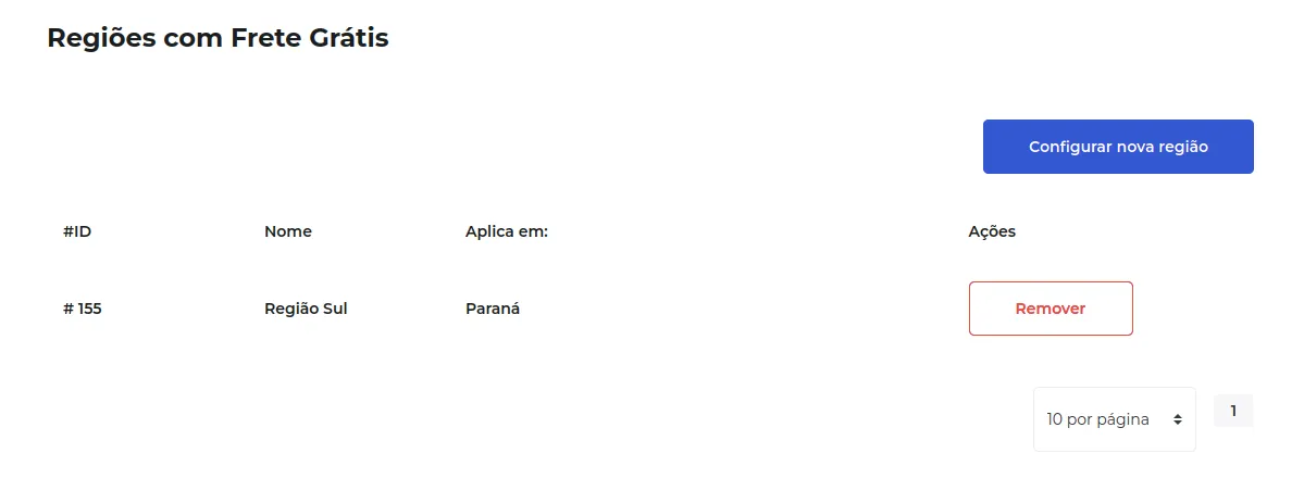 Região de frete grátis criada na lista