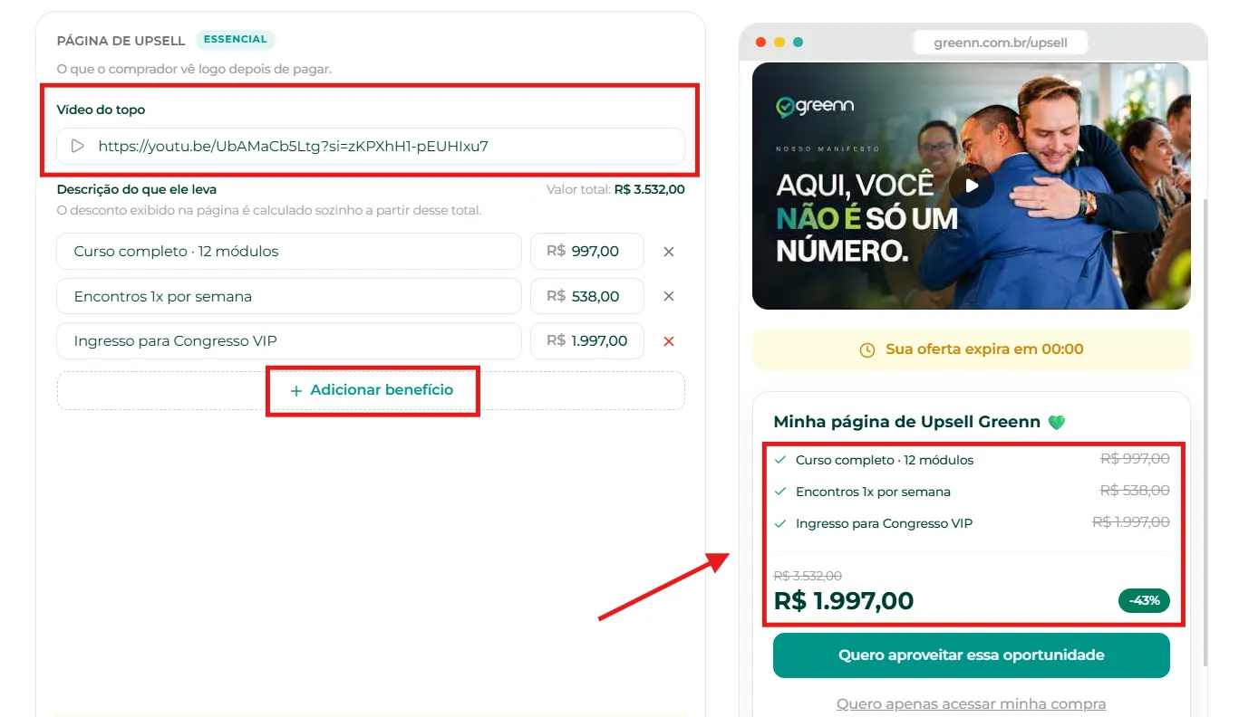 Campos de vídeo e benefícios do upsell