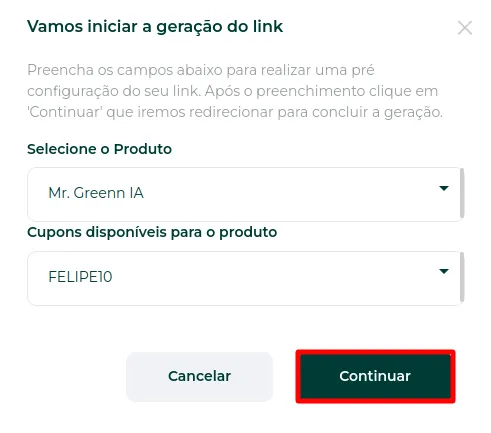 Seleção de produto e cupom para gerar o link