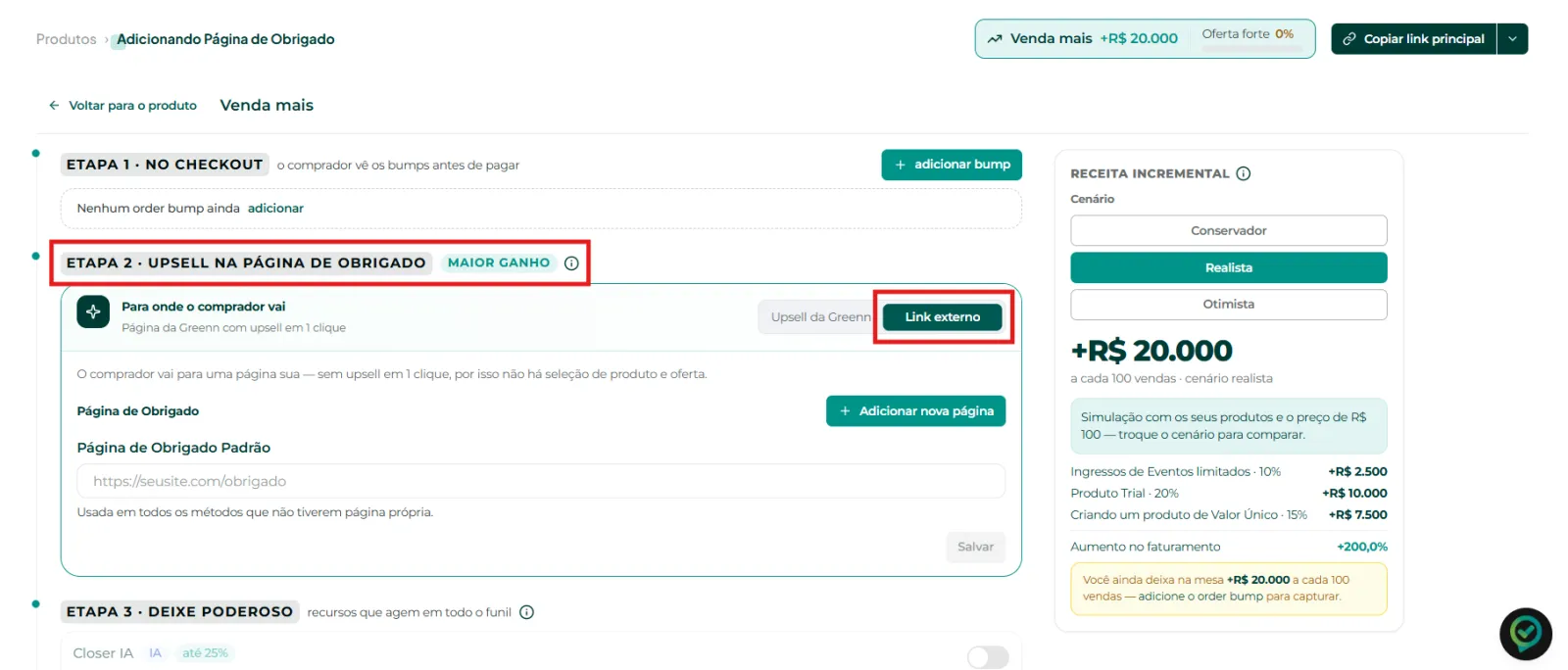 Segunda etapa do funil com a opção link externo