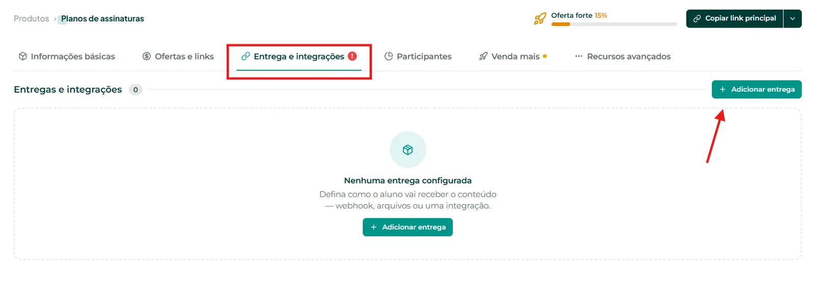 Aba Entrega e integrações com o botão Adicionar entrega