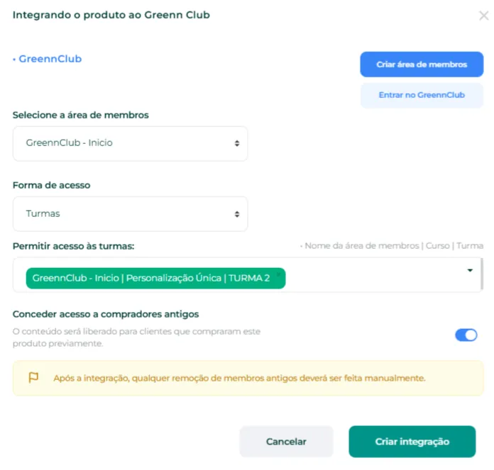 Botão Criar Integração