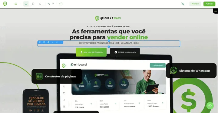 Tela da Greenn Sales: Caso queira verificar como sua página ficará no Mobile ou Tablet, basta clicar sobre os