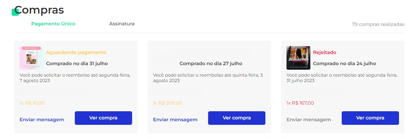 Lista de Minhas Compras com produto, tipo, status e datas de reembolso