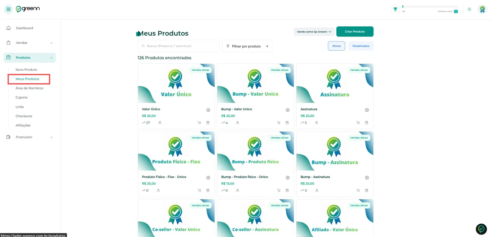 Menu com a opção Meus produtos