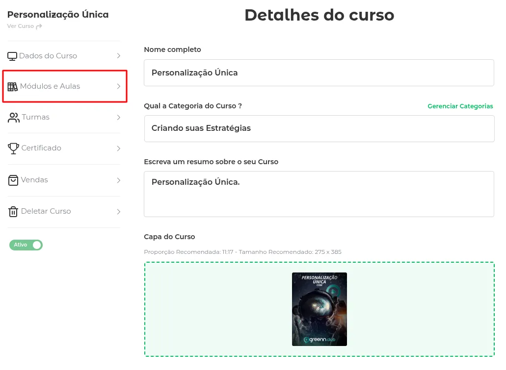 Menu do curso com Módulos e Aulas
