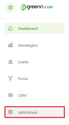 Tela da Greenn Sales: Em seu Dashboard vá até Aplicativos
